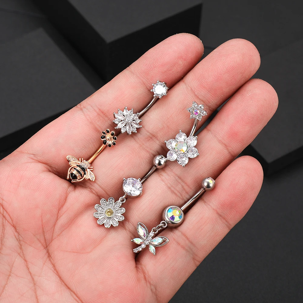 Mixed-style Sexy Belly Rings Sets Bee Butterfly Dangle Belly Piercing Bulk for Women Stainless Steel Cute Flower Navel Body Ring