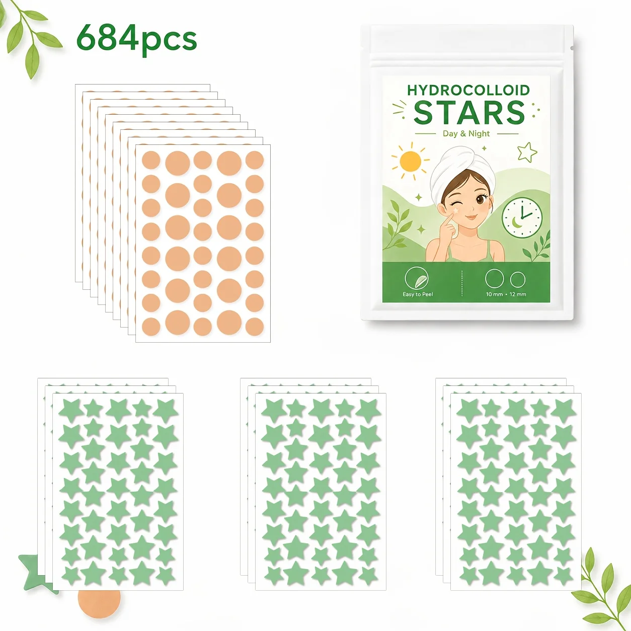 684PCS Hydrocolloid Pimple Patches, Green Star & Skin Tone Round Face Stickers for Men Women, Day Night Party Use