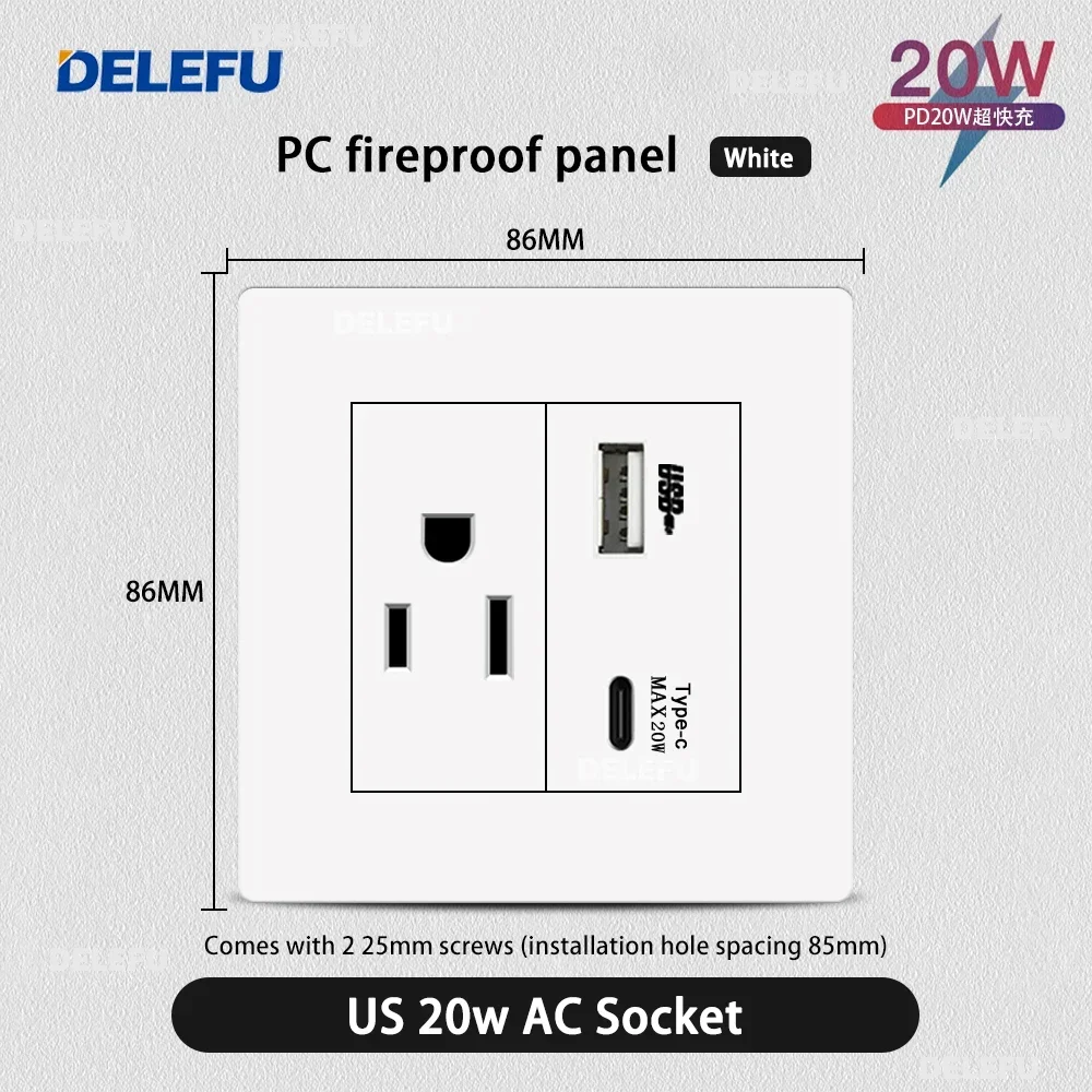 難燃性パネル付き壁コンセント,アメリカの標準壁コンセント,急速充電,USBタイプC, 20W,DELEFU86-White