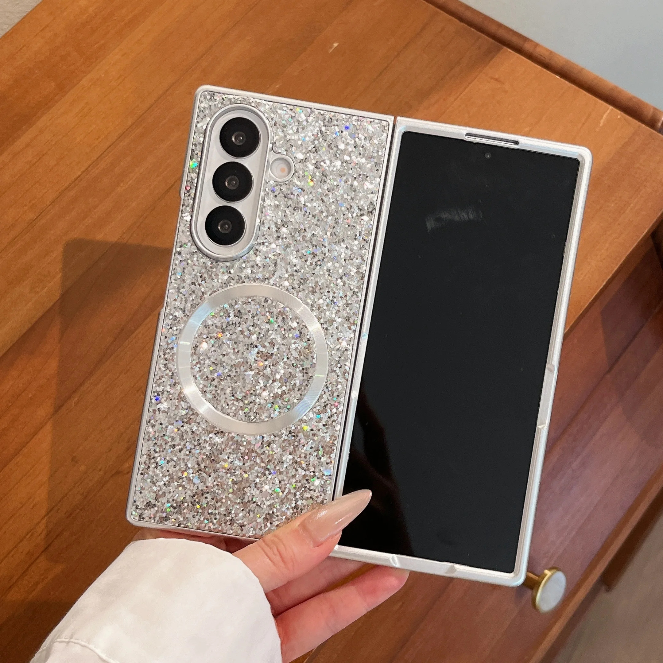 High-End Sparkling Silver Shell Magnetic Ring for Samsung Z Fold Series 8 Ultra 7 6 5 4 3 - Protective Phone Case Cover
