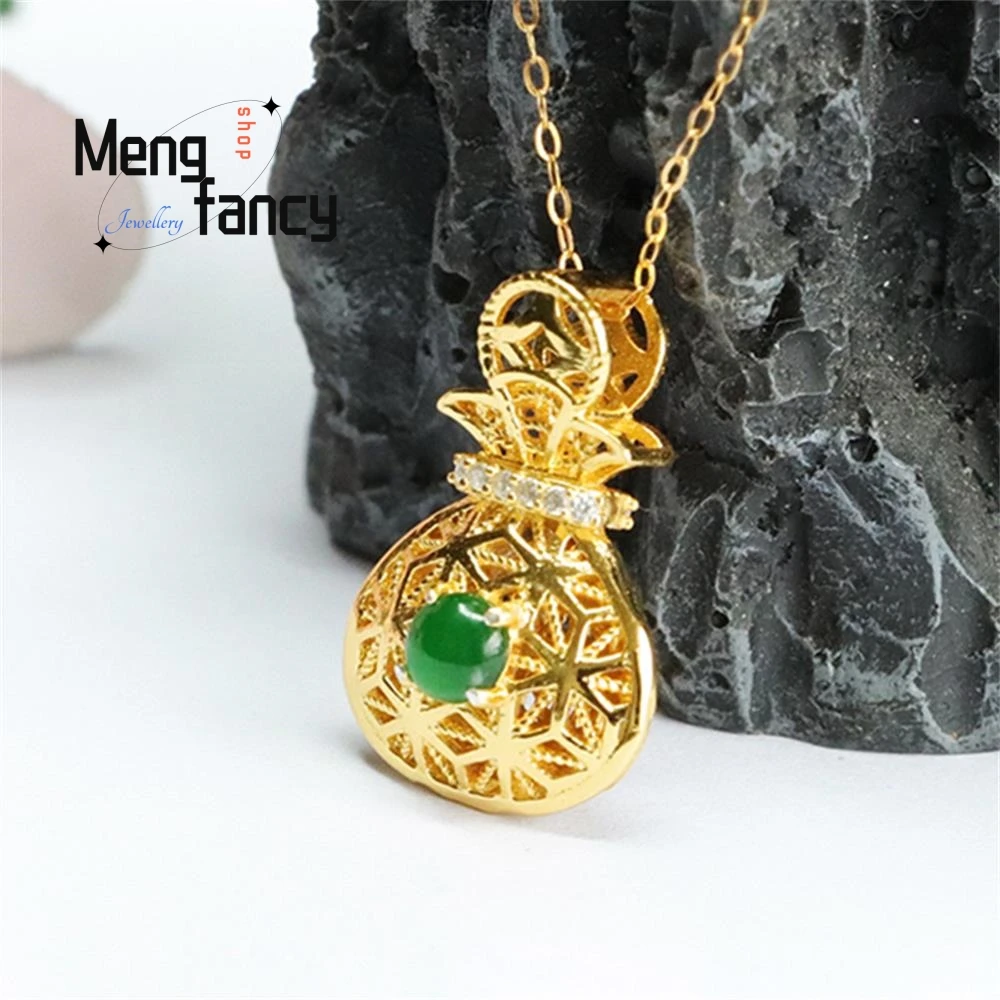 S925 Silver Lnlaid Natural Jadeite Ice Type Imperial Green Blessing Bag Pendant Exquisite Elegant Simple High-grade Holiday Gift