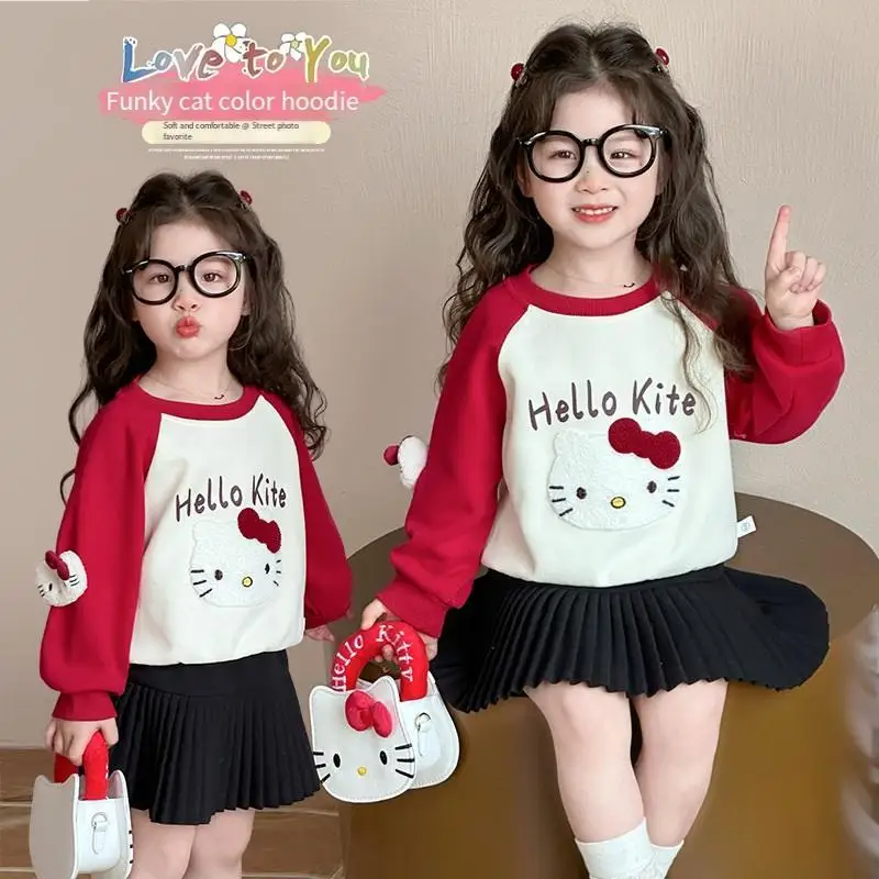 Sanrio Girl Ankara Red Hoodie Spring Autumn Child Cute Hello Kitty Cartoon Printing Color Spelling Leisure Jacket Base Shirt New