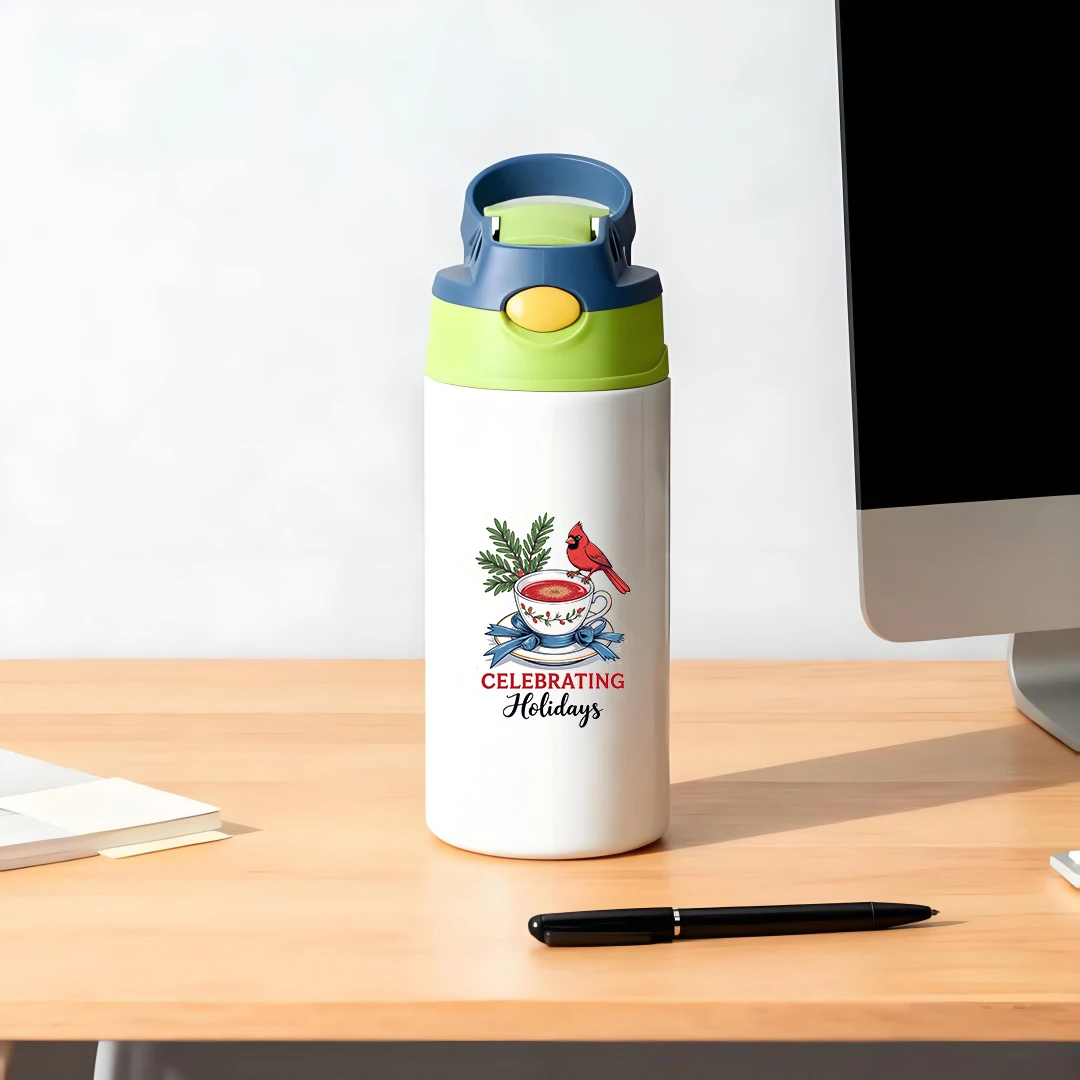 304 الفولاذ المقاوم للصدأ كوب معزول الكرتون الأحمر الطيور فنجان شاي النباتات الخضراء Bowknot الديكور الأطفال كوب بقشة هدية الكريسماس #5