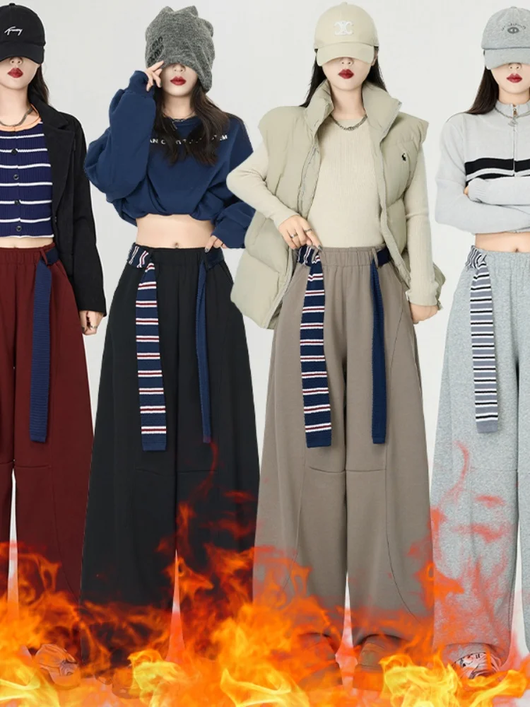 Pantaloni a gamba larga larghi foderati in Fce casual kaki Vita alta Thiened Autunno Inverno Nuovo Sle Donna Comodo taglio dritto...