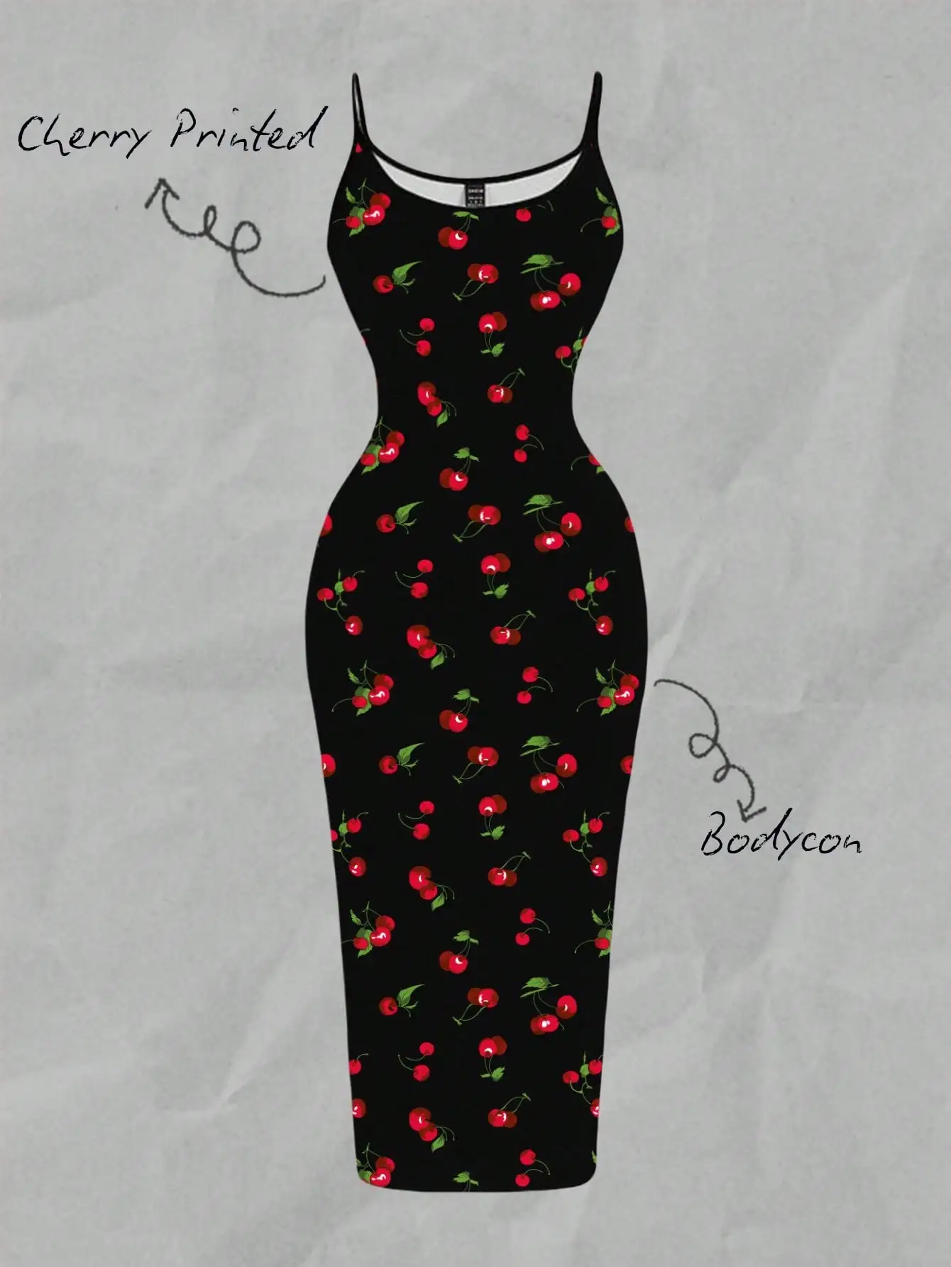 

Black Cherry Print Bodycon Slip Dress with Thin Straps, Summer Casual Chic