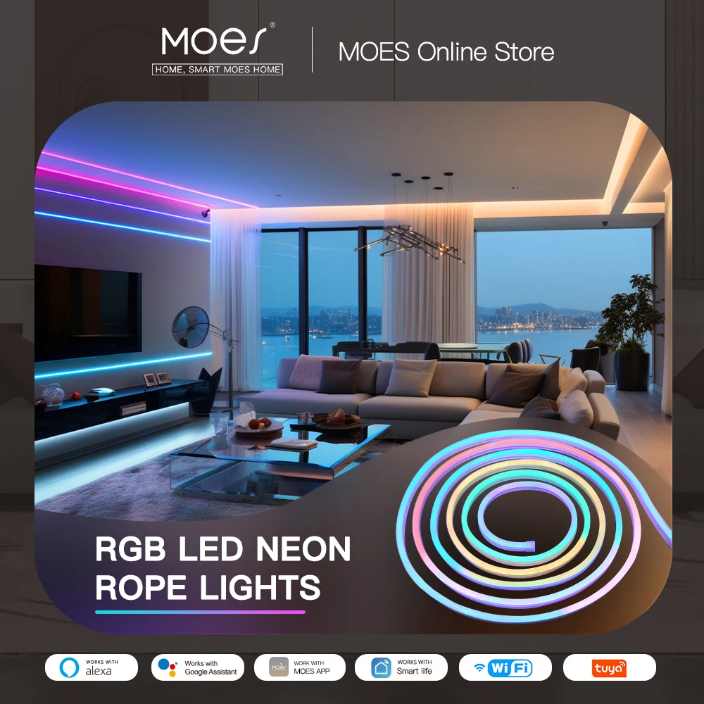 MOES Wifi Smart Neon LED Light Strip 16 Million RGB Color Rope Lamp for TV Backlight, party Decor Work with Alexa Google Home