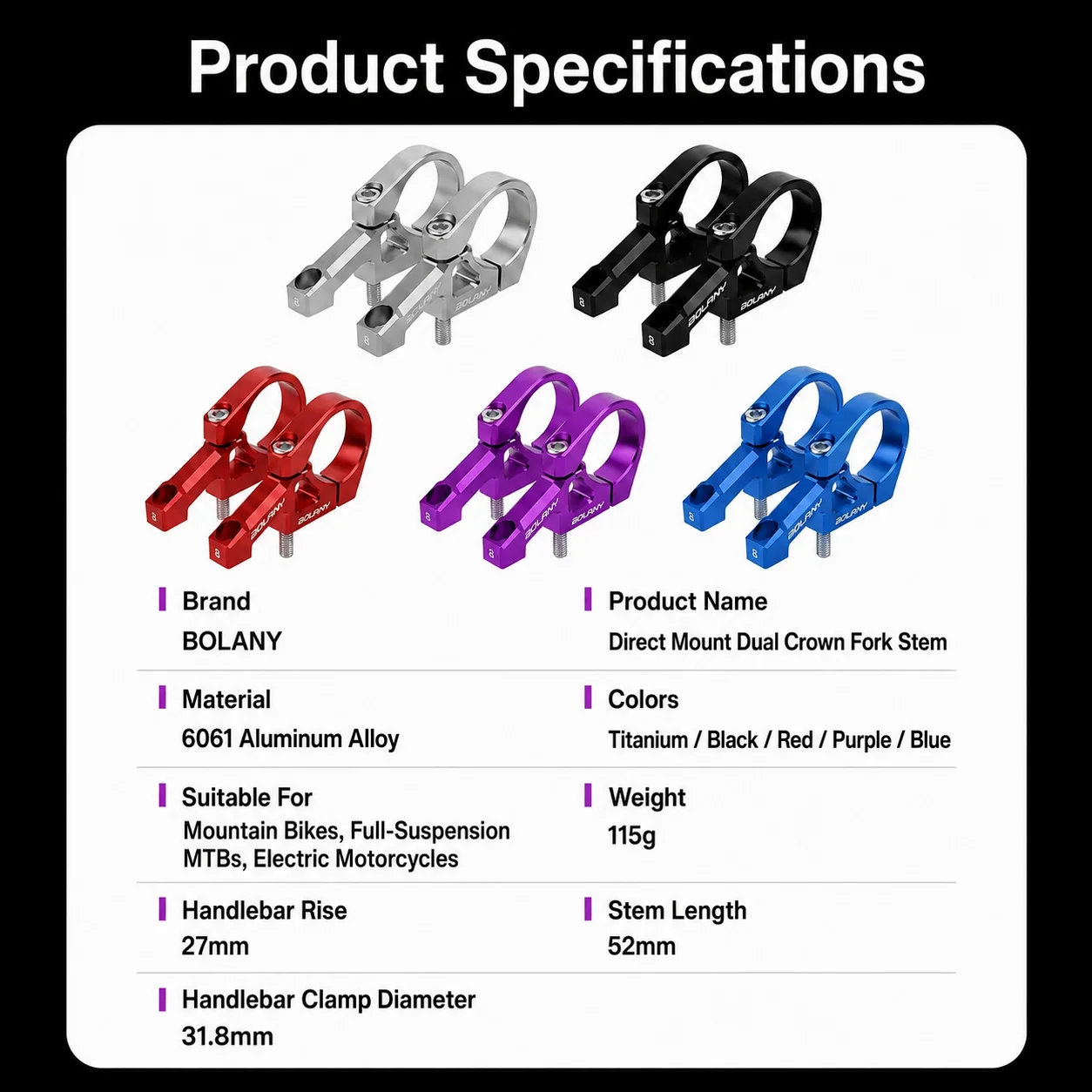 BOLANY 31.8mm Direct Mount Mountain Bike Stem CNC 6061 Aluminum Dual Crown Fork Handlebar Clamp for DH Downhill MTB