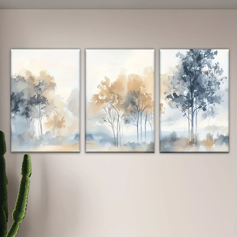 مجموعة 3 قطع، لوحات قماشية - غير مؤطرة، أشجار في الغابة، مجموعة رسم فنية، غرفة المعيشة، المكتب، المكتبة، البار، المقهى، مجردة
