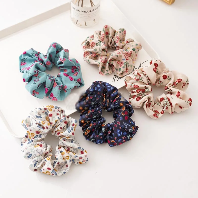 New Floral Hair Scrunchies Sweet Elastic Tulip Flower Print Hair Ties Ponytail Holder Hair Rubber Band Women's Hair Accessories