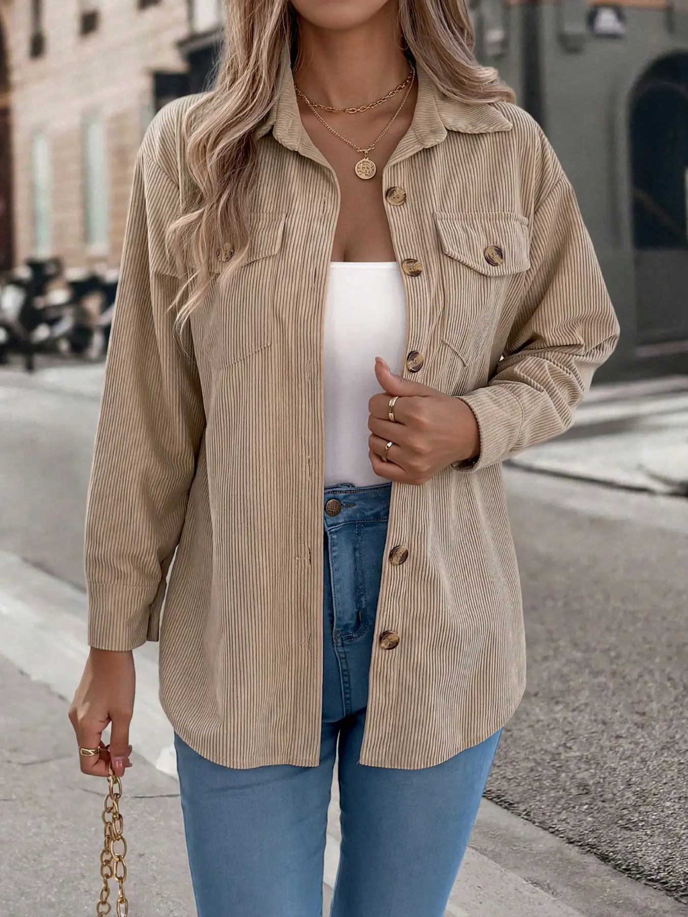 

Женская бежевая вельветовая куртка с длинными рукавами, на пуговицах, с карманами