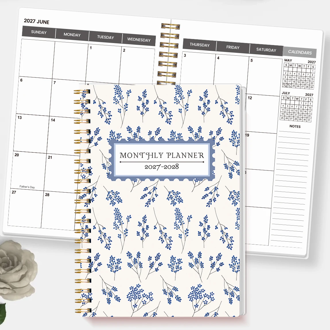 1PC 2027-2028 Monthly Planner, Blue Floral A5 Spiral Calendar Notebook with Notes Pages for School, Work & Daily Planning