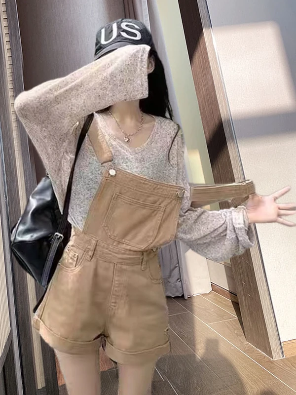 Fashionable Denim Overalls Short Pants Women's Outerwear Set Spring Summer New Arrival High Waist Wide Leg Pants