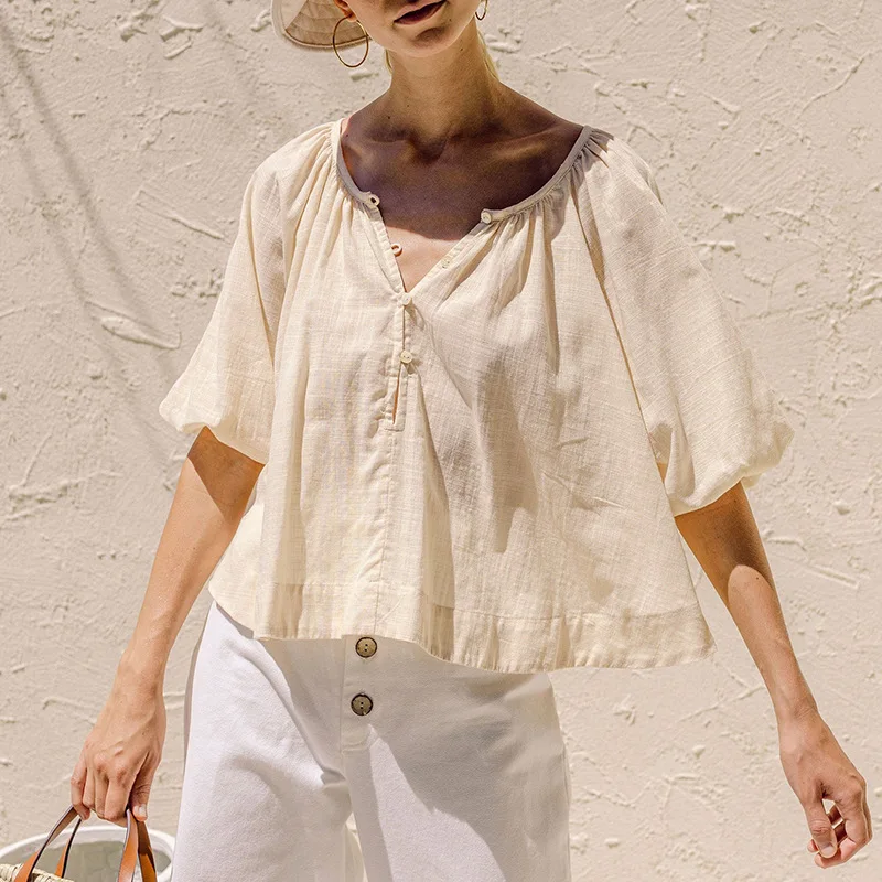 

100% Cotton Women Summer Loose Style Blouses V-Neck Puff Sleeve Fashion Boho Women Cotton Tops Shirts