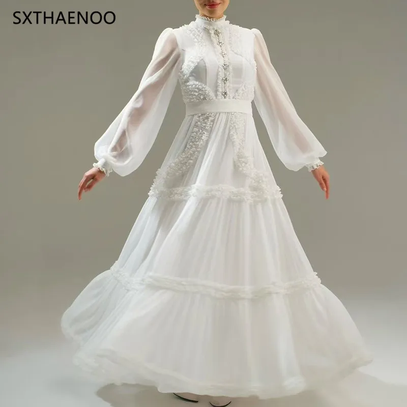 

SXTHAENOO Elegant Patchwork Fungus Dresses for Women Ruffles Collar Spliced Diamonds Long Sleeve Slimming A Line Dress Female