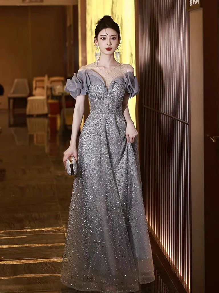 Shiny Gray Cocktail Dresses Boat Neck Long Luxurious Beading Illusion O-neck Lace-up Weedding Evening Celebrity Gowns 2023