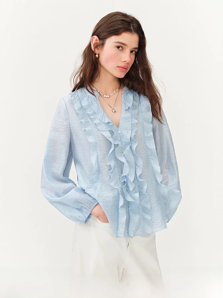 

Vaness V-neck Heavy Embellished Slimming Lightweight Shirt Women Summer 2026 New Top 2609 Commute Style Loose Fit Long Sleeve