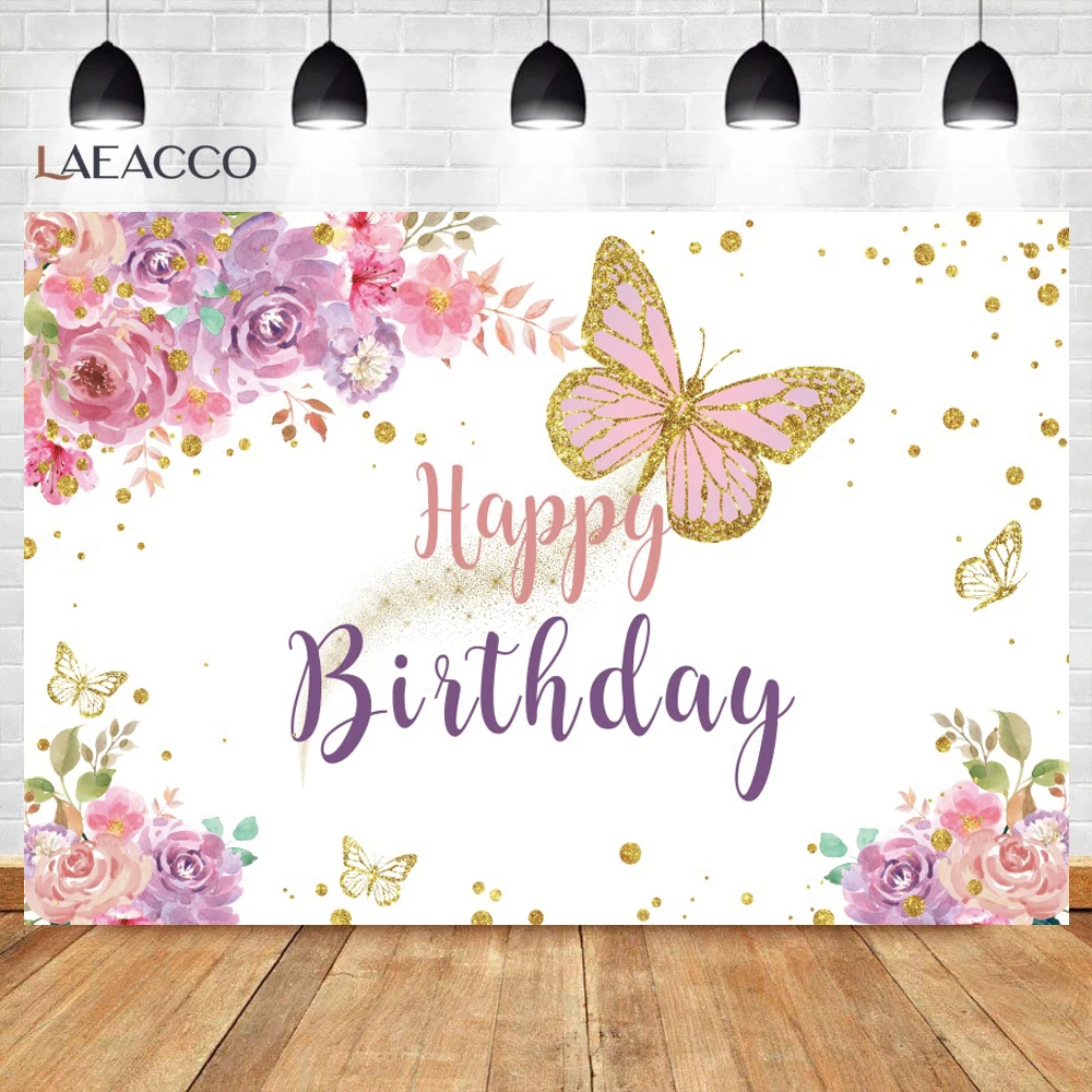 Cartoon Butterfly Backdrop Photography Girl First Birthday Party Flower Gold Dots Baby Shower Photo Background For Photo Studio