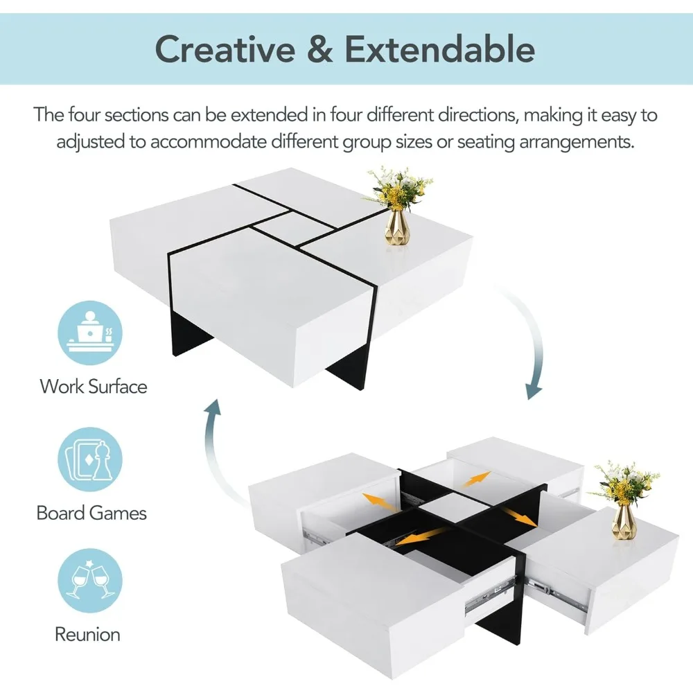 현대적인 확장형 커피 테이블, 4개의 숨겨진 수납공간, 고광택 사각형 센터 칵테일 테이블