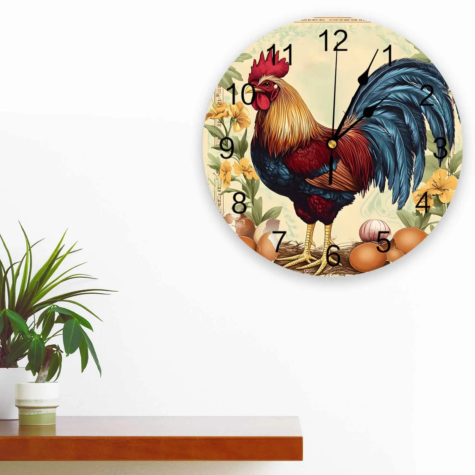 

Vintage Farm Rooster Egg Wall Clock Large Modern Kitchen Dinning Round Clocks Bedroom Silent Hanging Watch