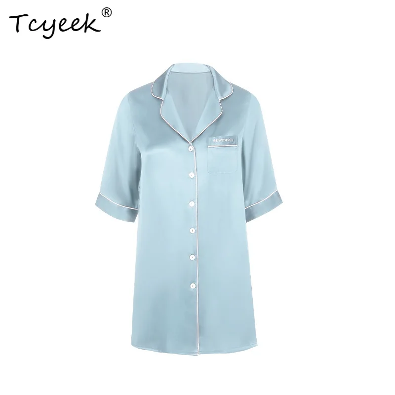 

Tcyeek, 16MM 100%Real Silk Shirt Nightgown, Women Embroidery Half Sleeve, Casual Pajamas Dress, 2024 Summer Autumn P47635QM