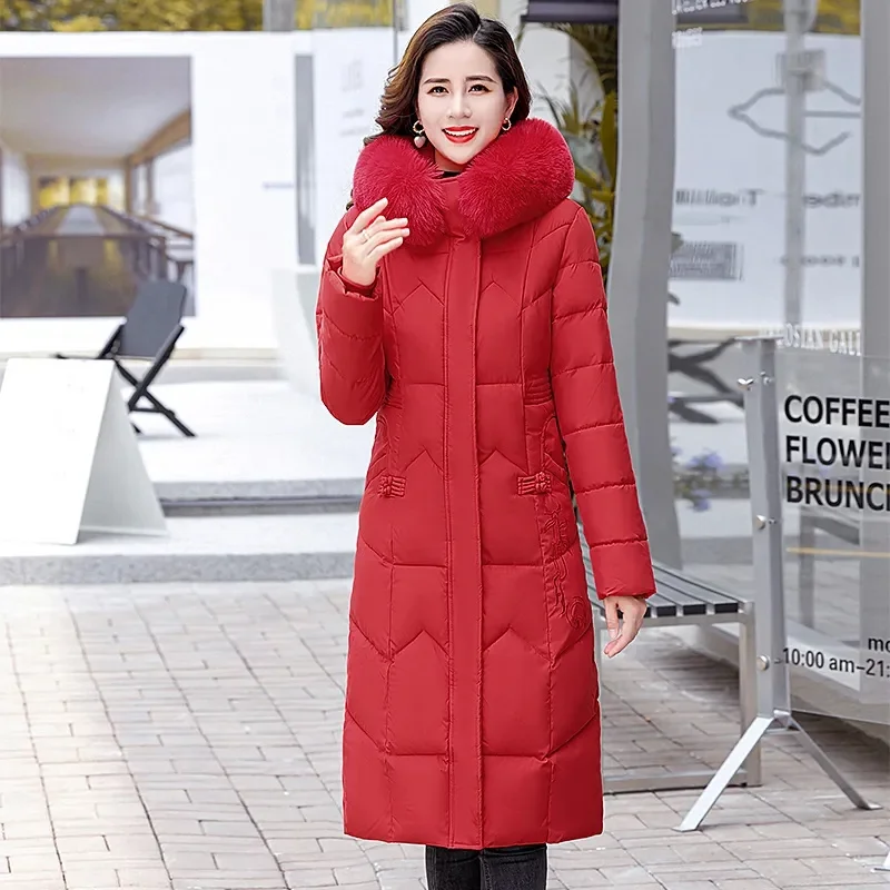 Zimowe parki Grube ciepłe kurtki puchowe bawełniane damskie codzienne futrzany kołnierz z kapturem ocieplane ubrania damski dopasowany płaszcz JJ538