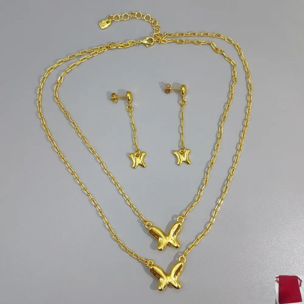 2026 Spain hot selling elegant gold and silver butterfly earrings double-layer necklace jewelry set holiday gift