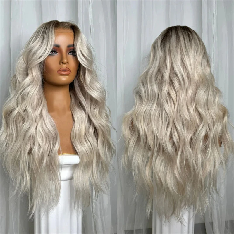 

Balayage Ombre Ледяная Платиновая Блондинка Синтетический Парик Фронта Шнурка с Темными Корнями Натуральная Предварительно Сорванная Линия Волос с Детскими Волосами 30 Дюймов