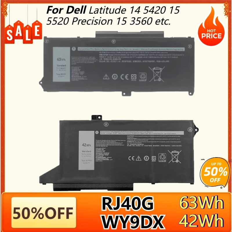 

RJ40G 63Wh WY9DX 42Wh Laptop Battery for Dell Latitude 15 5520 14 5420 Precision 15 3560 P137G P104F WY9DX Replacement Battery