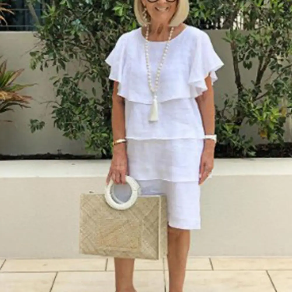 فستان نسائي متوسط الطول وأكمام مكشكشة ورقبة دائرية بلون سادة فستان ميدي للسيدات على طراز OL فستان شاطئ فضفاض غير رسمي للسيدات