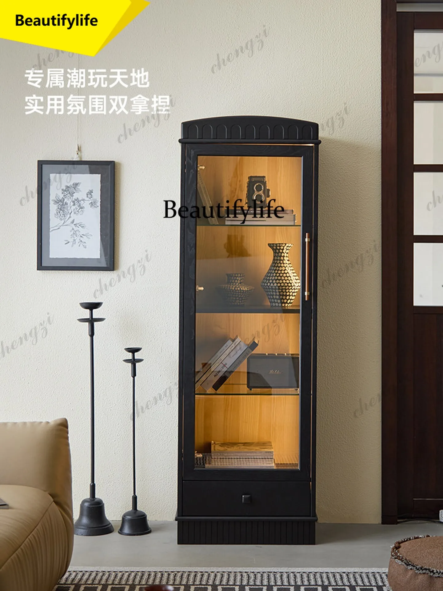 A17 Retro solid wood display cabinet Floor-to-ceiling bookcase Figure display cabinet Glass door Integrated living room storage