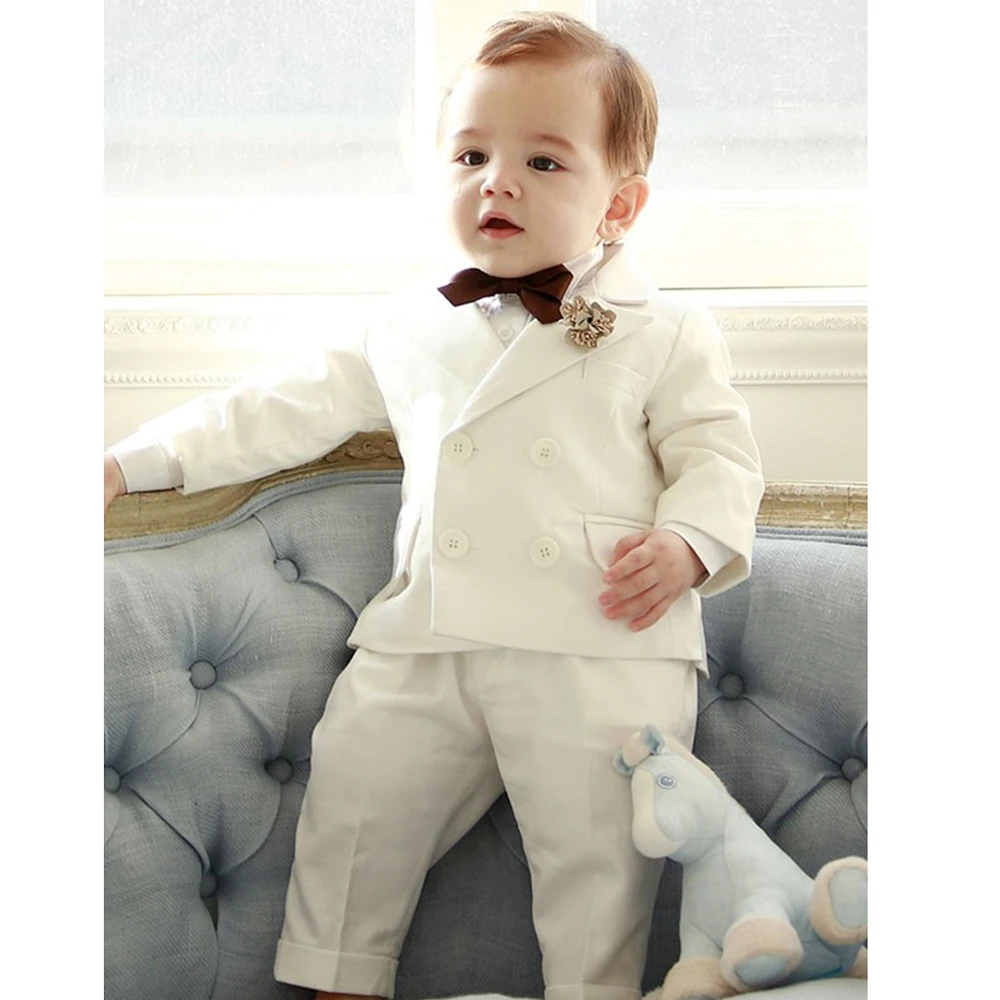 Kids Boys White Blazer Suspenders Pants 3PCS Set Children Baptism Wedding Suit Baby Boy Elegant Dress Party Costume