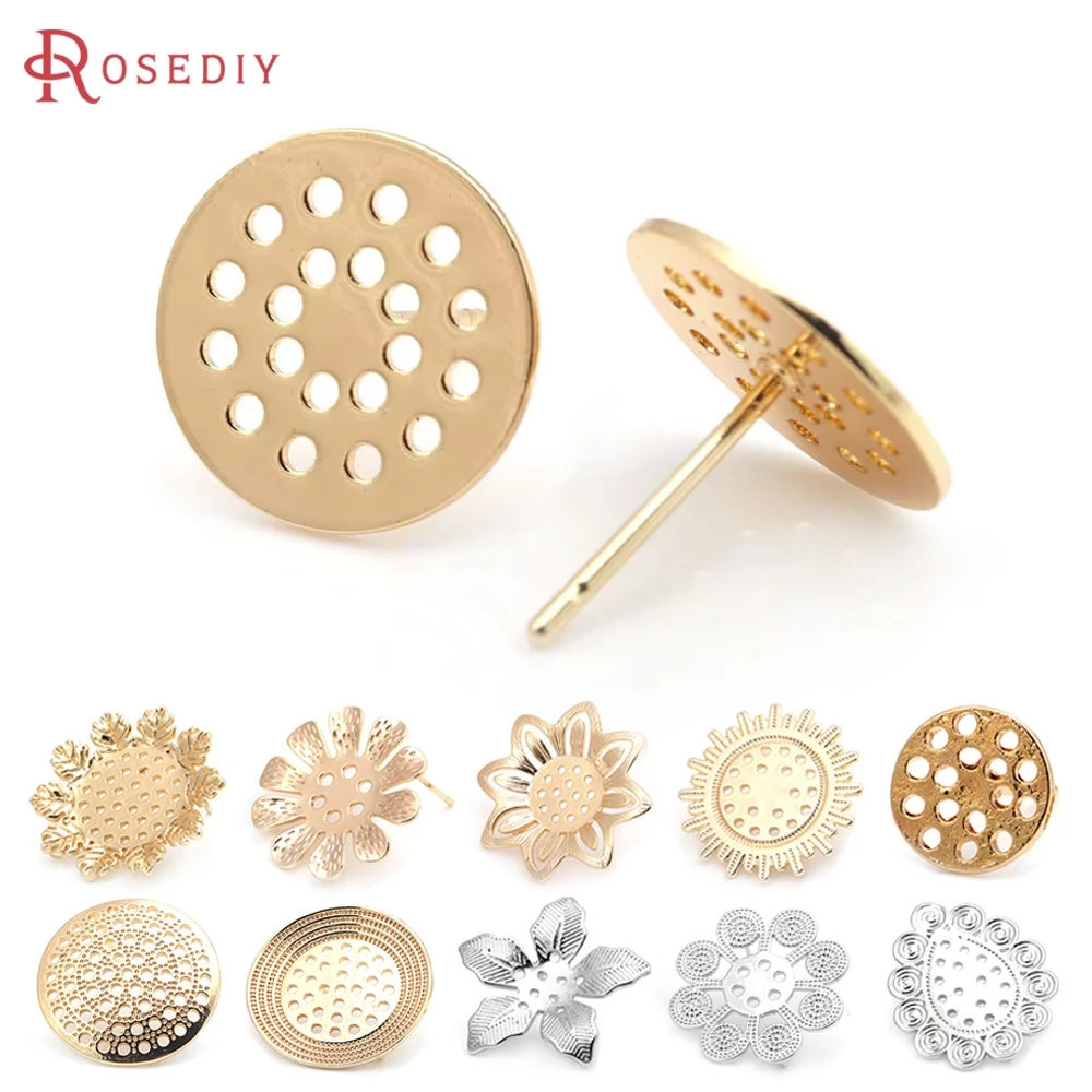 

18K Gold Color Brass Many Hole Round Stud Earrings Pins Earrings High Quality Jewelry Making Supplies Diy Accessories