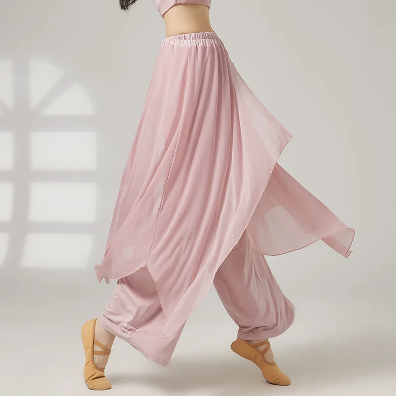 

Women Double Layer Dance Pants Wide Leg Mesh Outer Flowy Classical Dance Soft Breathable Loose Trousers National Modern Dancing