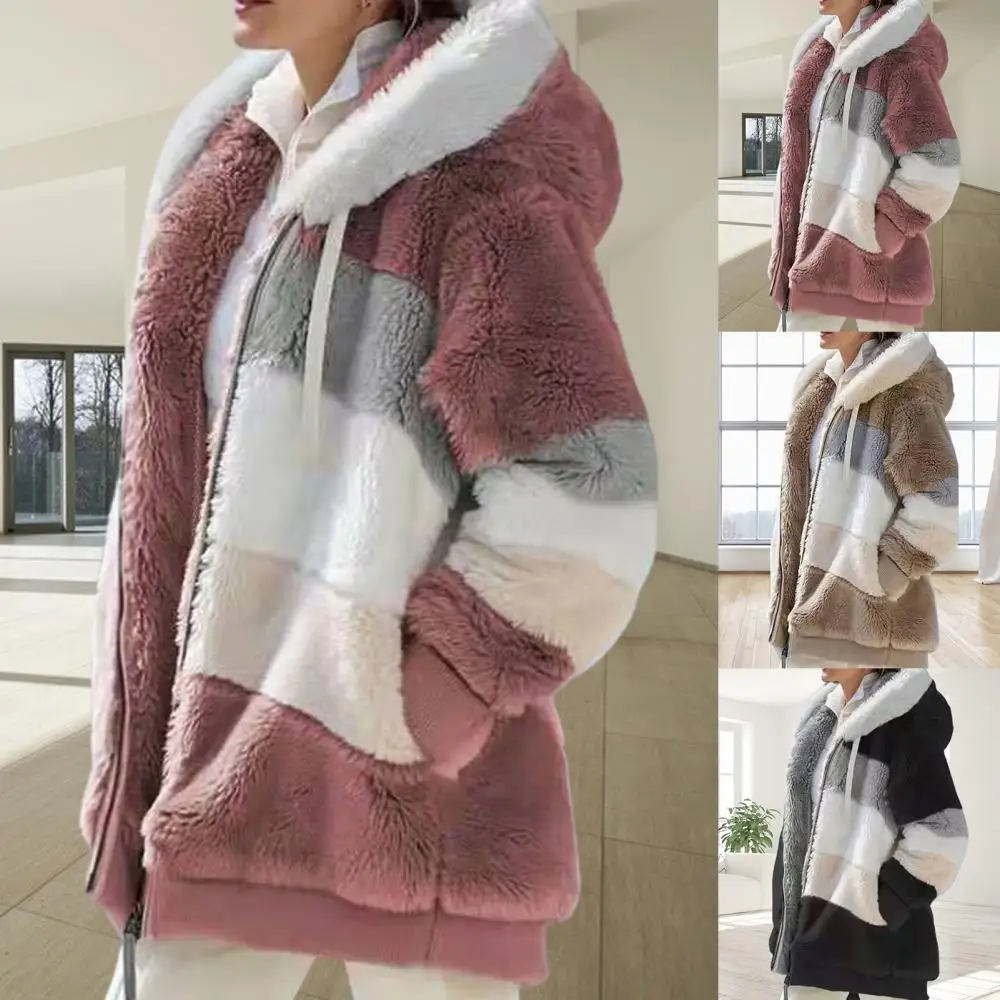 Giacca da donna autunno inverno manica lunga caldo Color Block Zipper Fluff cappotto oversize con cappuccio giacca abbigliamento femminile Streetwear