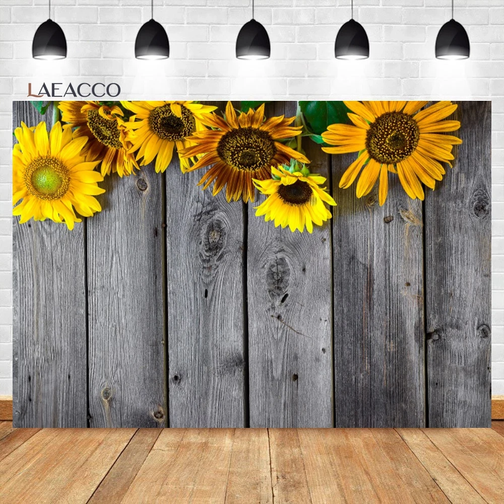 

Laeacco Rustic Wooden Backdrop Retro Grey Wood Wall Sunflower Baby Shower Kids Birthday Party Portrait Photography Background