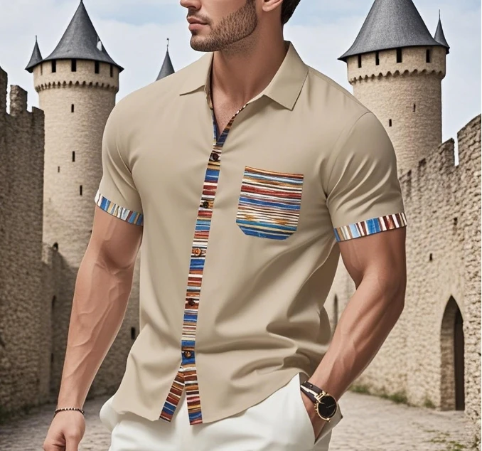 

Men's New Summer Bohemian Shirt Short Sleeved Hawaiian Vacation Style Loose Casual Top Contrasting Color Light Luxury