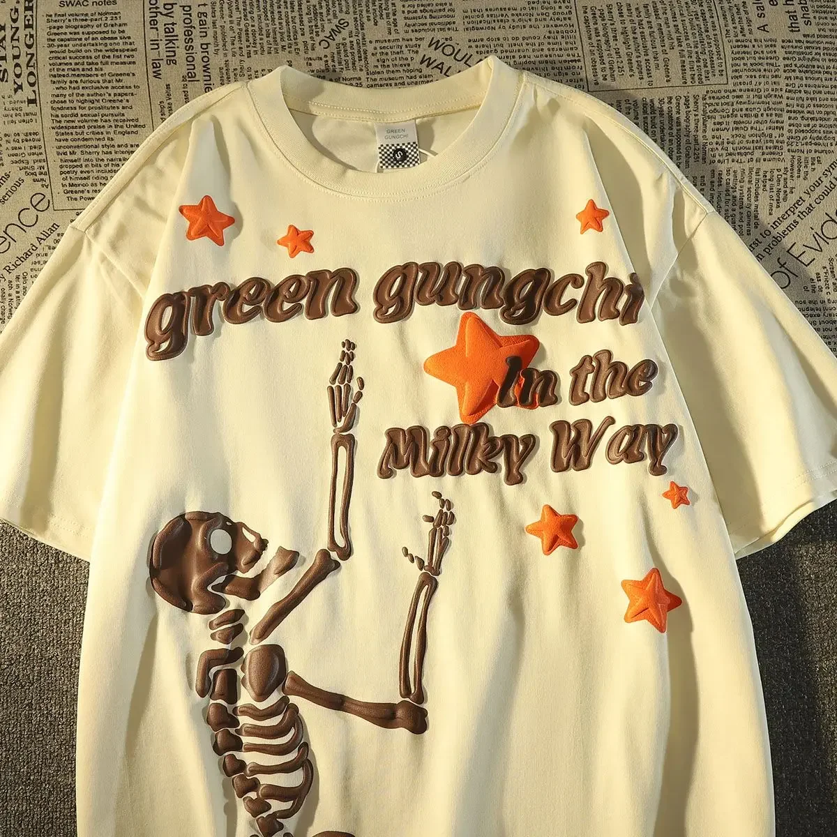 Men and Women American Street Skeleton Star Round Neck Short Sleeve T-shirt Hip Hop Summer Loose Casual Couple Top Bottom Shirt