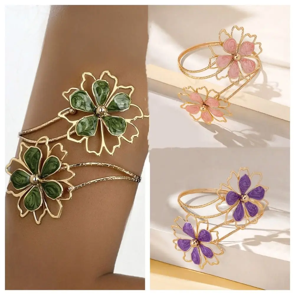 أزياء بوهو شيك الذراع العلوي أساور معدنية قابل للتعديل الجوف زهرة شارة مفتوحة الكفة شارة النساء #1