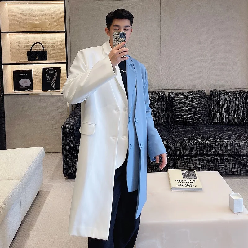 

Spring ex Midi Length Windbreaker Irregular Splicing Color Blo Design High-End Feeling Youthful Sle Single Button Coat