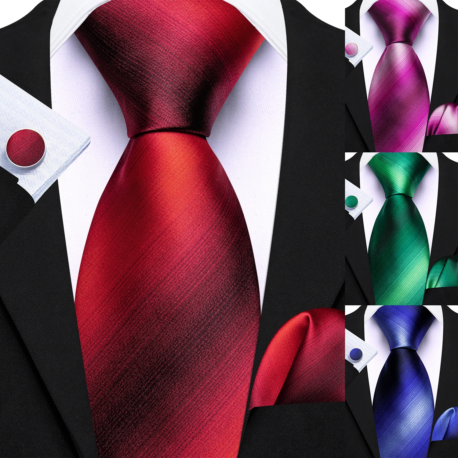 Gradient Striped Mens Tie Set 3PCS Necktie Pocket Square Cufflinks Formal Business Wedding Suit Accessories Blue Pink Red Yellow