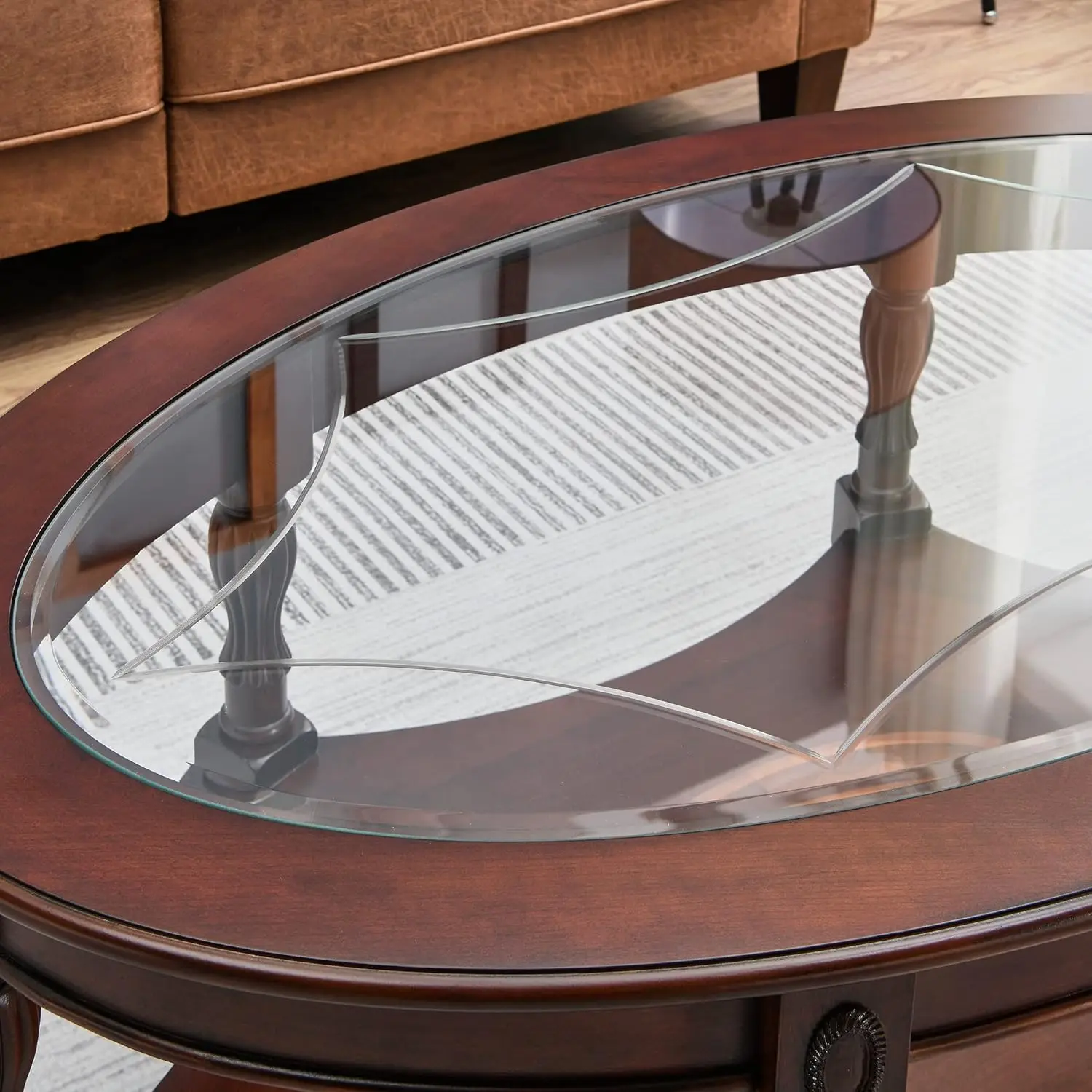 Mesa de centro tradicional de madeira maciça com tampo de vidro temperado, mesa de coquetel oval com prateleira de armazenamento para sala de estar, escritório nogueira