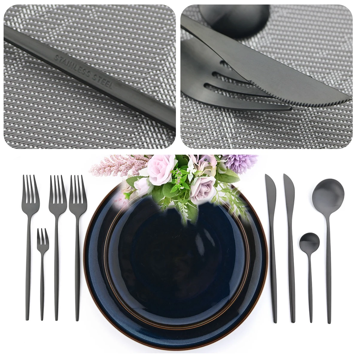 40Pcs Dinnerware Set Matte Black Cutlery Set Stainless Steel Flatware Cake Fruit Fork Kitchen Knife Fork Spoon Tableware Set