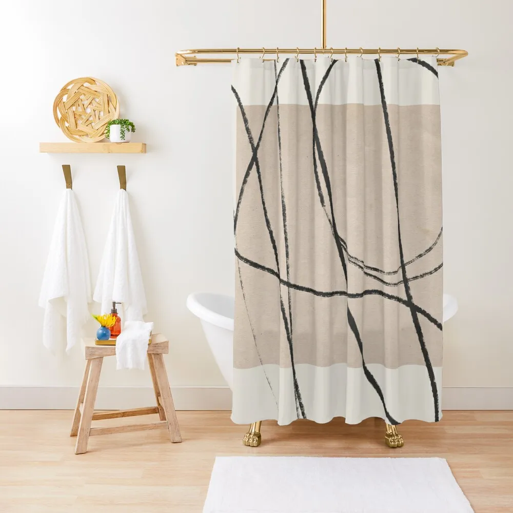

Minimalist line art. Black line on beige & brown background. Modern, single line art. Shower Curtain For Bathrooms Curtain