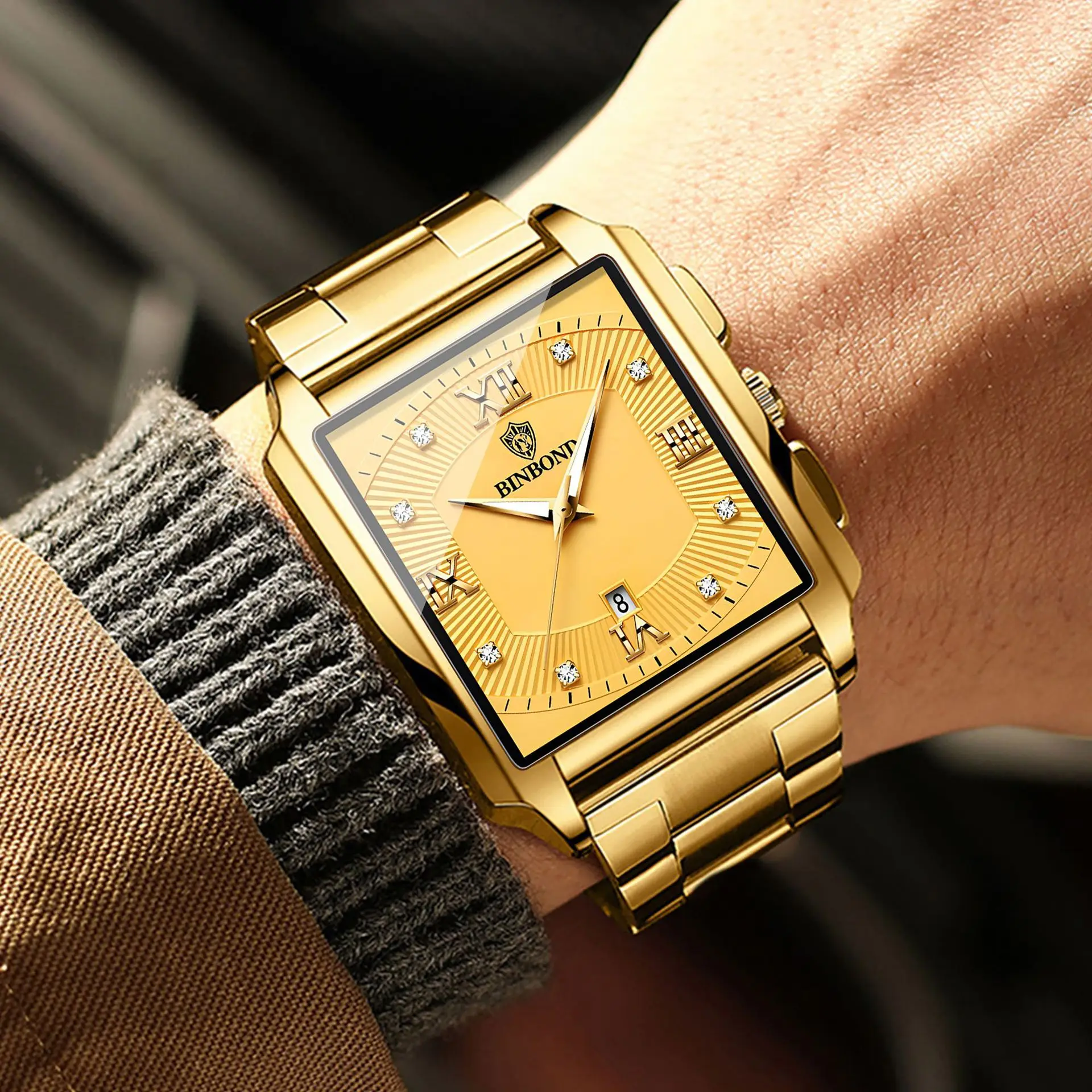 

New Rectangular Men's Refined Steel Strip Sports Outdoor Calendar Quartz Watch Waterproof Watch Delivery Gift Box