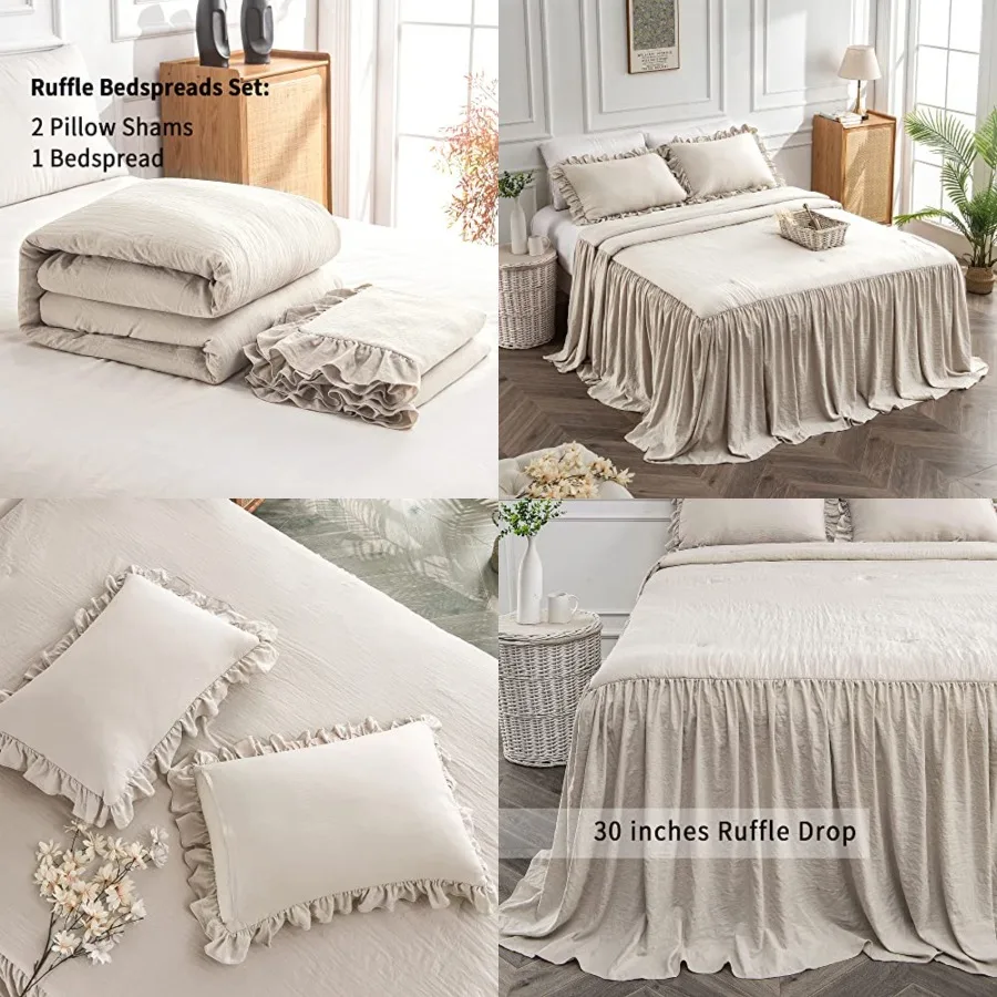 

Home Bedding Bedspread Set Quilt - Farmhouse Bedspread Summer Coverlet Bed Spreads, Lightweight Quilt Chic Vintage Bedding Ruffle Skirt Bedroom Rustic with 2 Pillow Shams (Queen, Wheat Yellow)