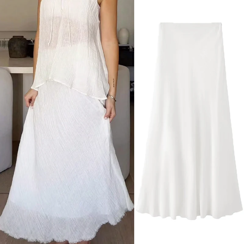 تنورة نسائية ميدي عالية الخصر من الكتان لصيف 2025 نمط غير رسمي رقيق لون نقي تنورة طويلة مريحة للتنقل تنورة على شكل حرف a