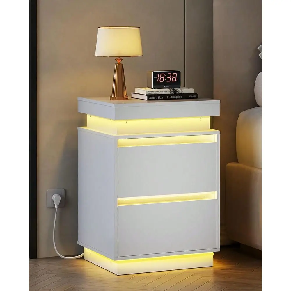 Modern 2 Drawer Nightstand, Smart LED End Table with APP-Controlled RGB Lights, Charging Station and Hidden Storage