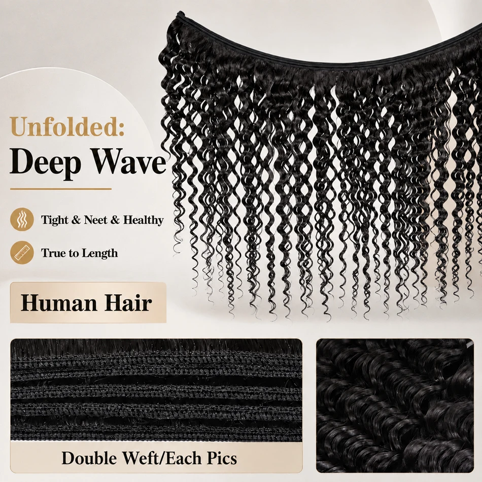 32 34 Inch Deep Wave Human Hair 1 3 4 Bundles Brazilian Virgin Remy Unprocessed Weaving Water Wave Curly Hair Extensions Bundles image 3