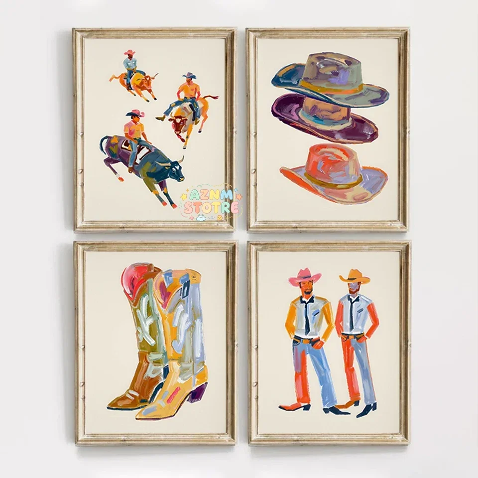 Vintage Abstract Mid Century Western Bull Rider Cowboy Hat Illustration Poster Canvas Painting Wall Art Pictures Home Decor