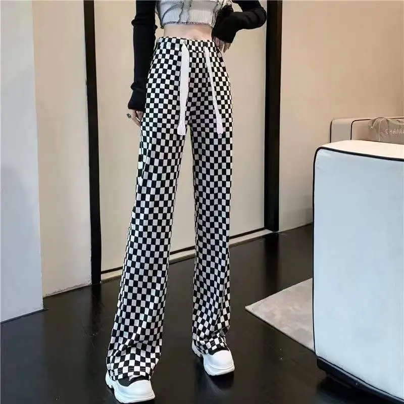 Calça reta solta feminina, roupa da moda coreana, streetwear de verão, xadrez casual com letras, elástico na cintura, calça fina versátil